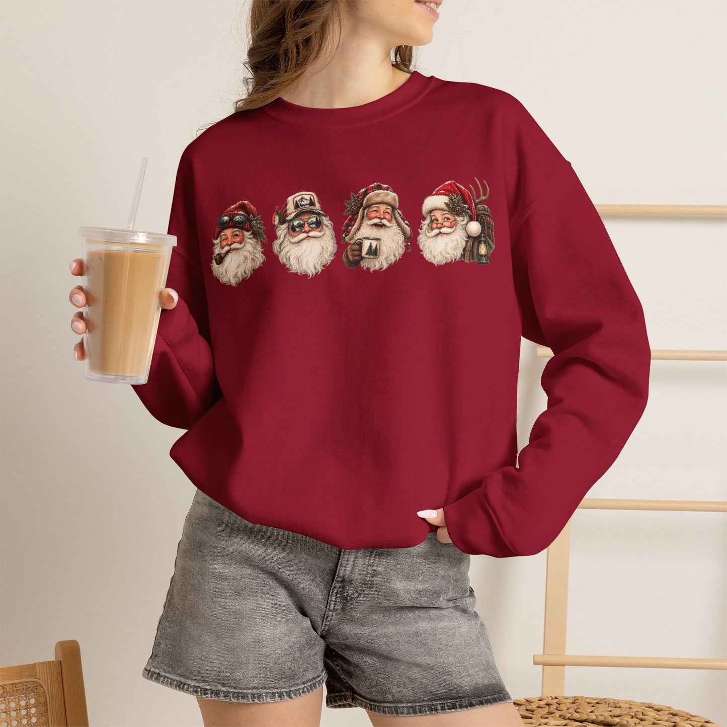 Santa Heads Crewneck Sweatshirt — Vintage Santa Faces Christmas Pullover