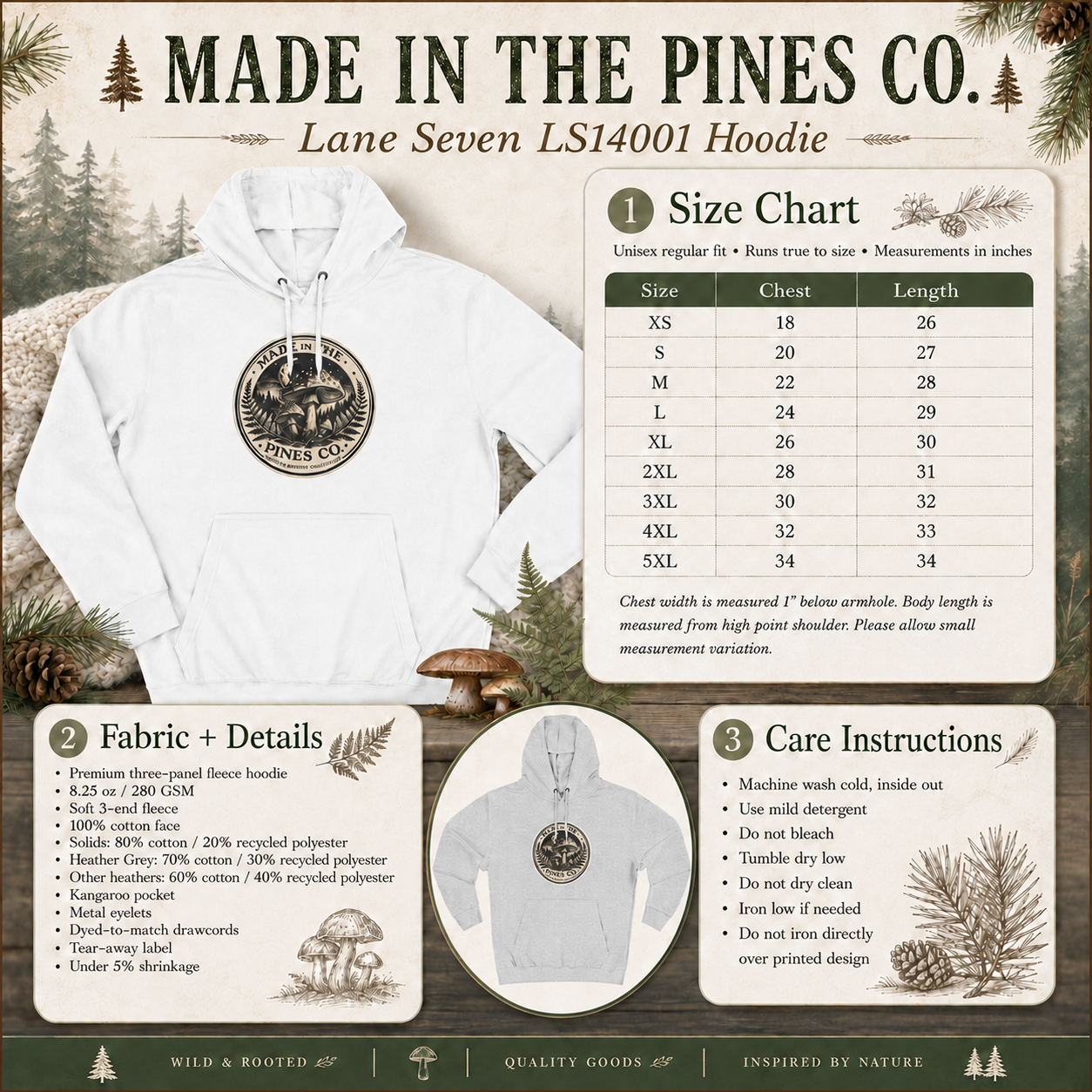 PNW Forest Mushroom Hoodie — Pines Co Three-Panel Fleece