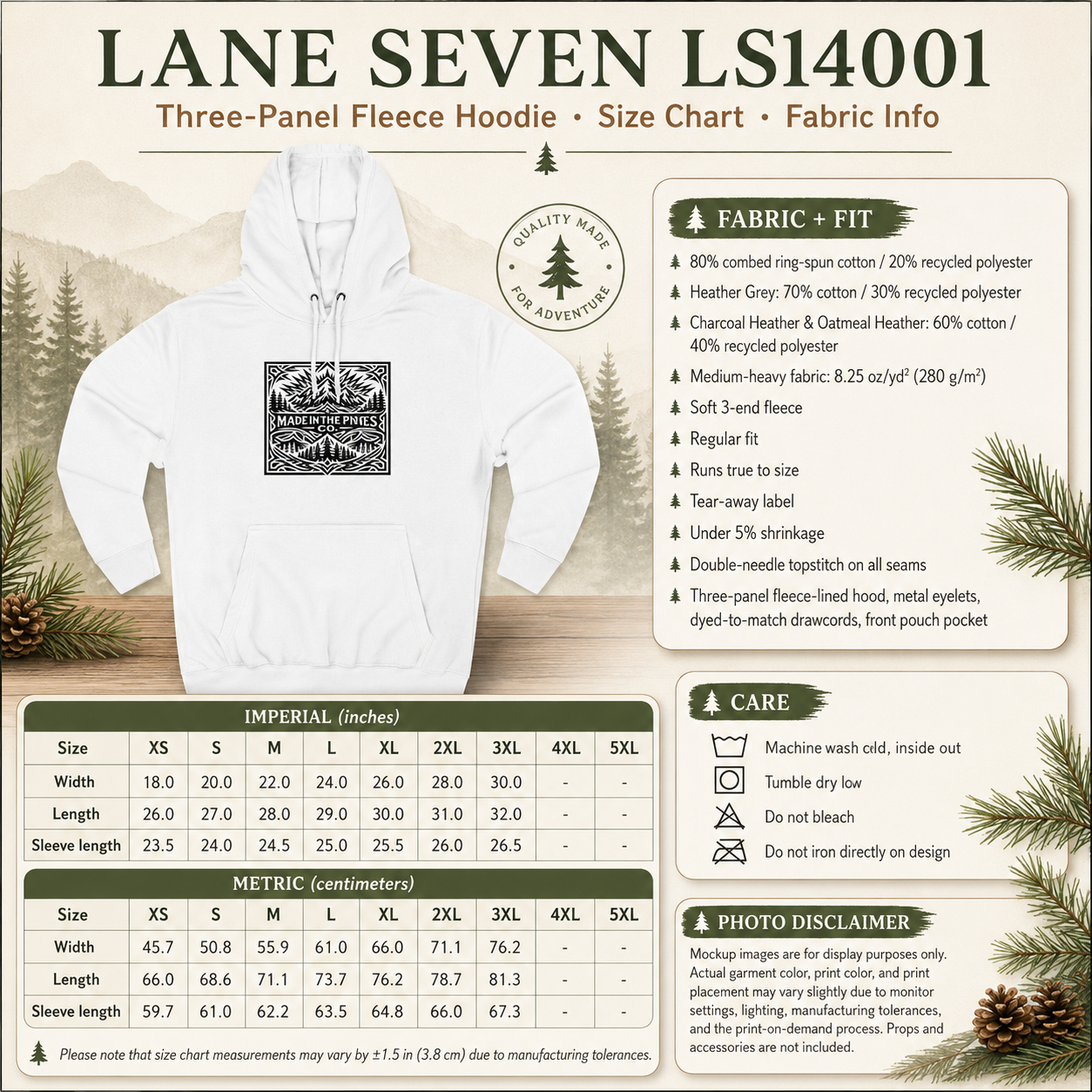 PNW Mountain Badge Hoodie — Three-Panel Fleece, Center Chest