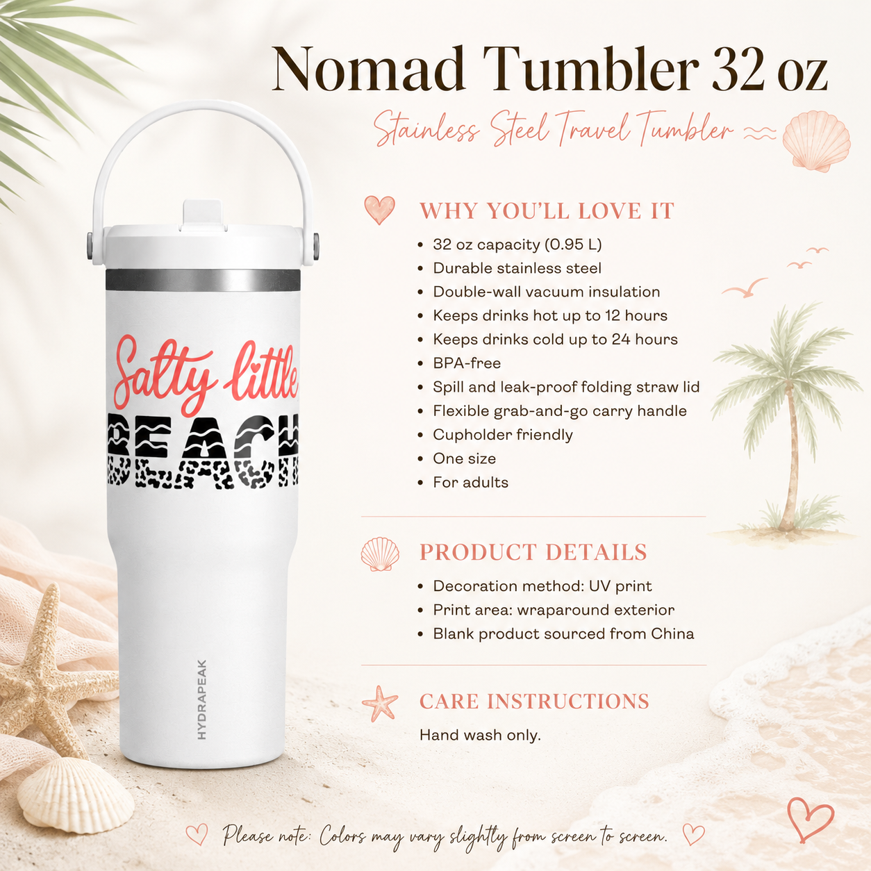 Salty Little Beach 32oz Insulated Tumbler — Coastal Travel Cup for Beach Lovers