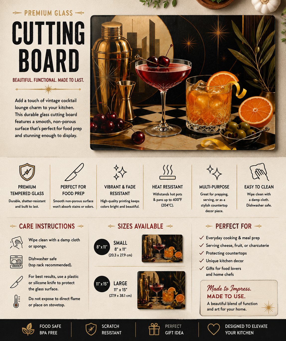 Cocktail Glass Cutting Board — Vintage Bar Art Glass Chopping Board