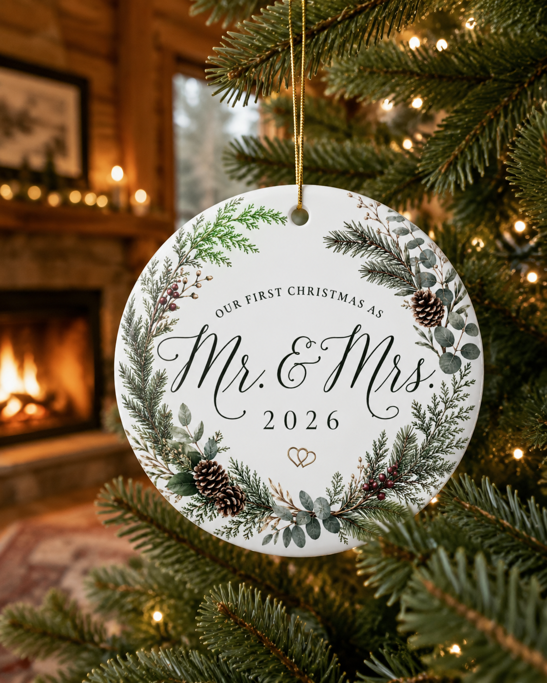 Mr. & Mrs. First Christmas 2026 Ceramic Ornament – Personalized Newlywed Holiday Keepsake