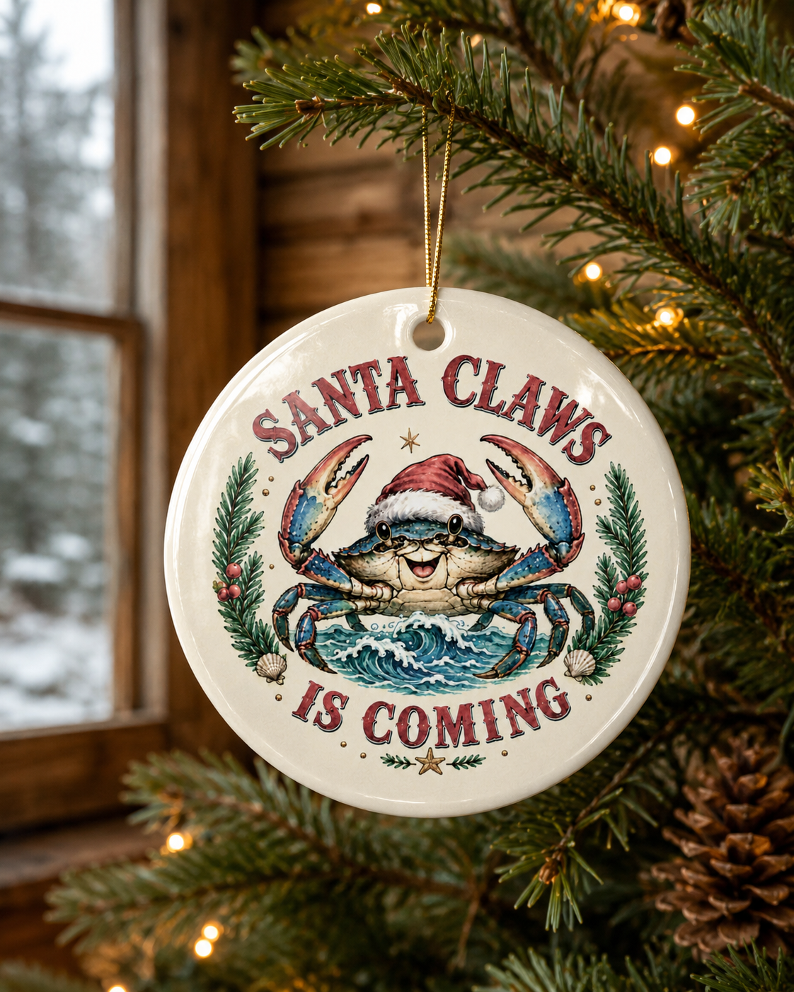 Santa Claws Is Coming Ceramic Christmas Ornament — Festive Crab Holiday Decor