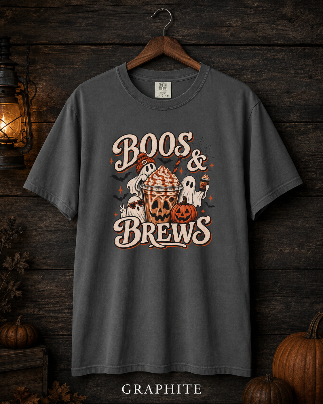 Boos & Brews Halloween Graphic T-shirt | Pumpkin Ghost Coffee Tee