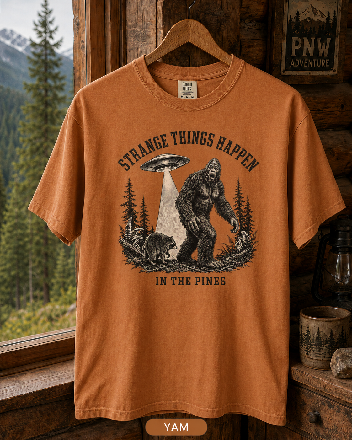 Bigfoot and UFO Forest Scene T-Shirt | Sasquatch Alien Encounter Tee
