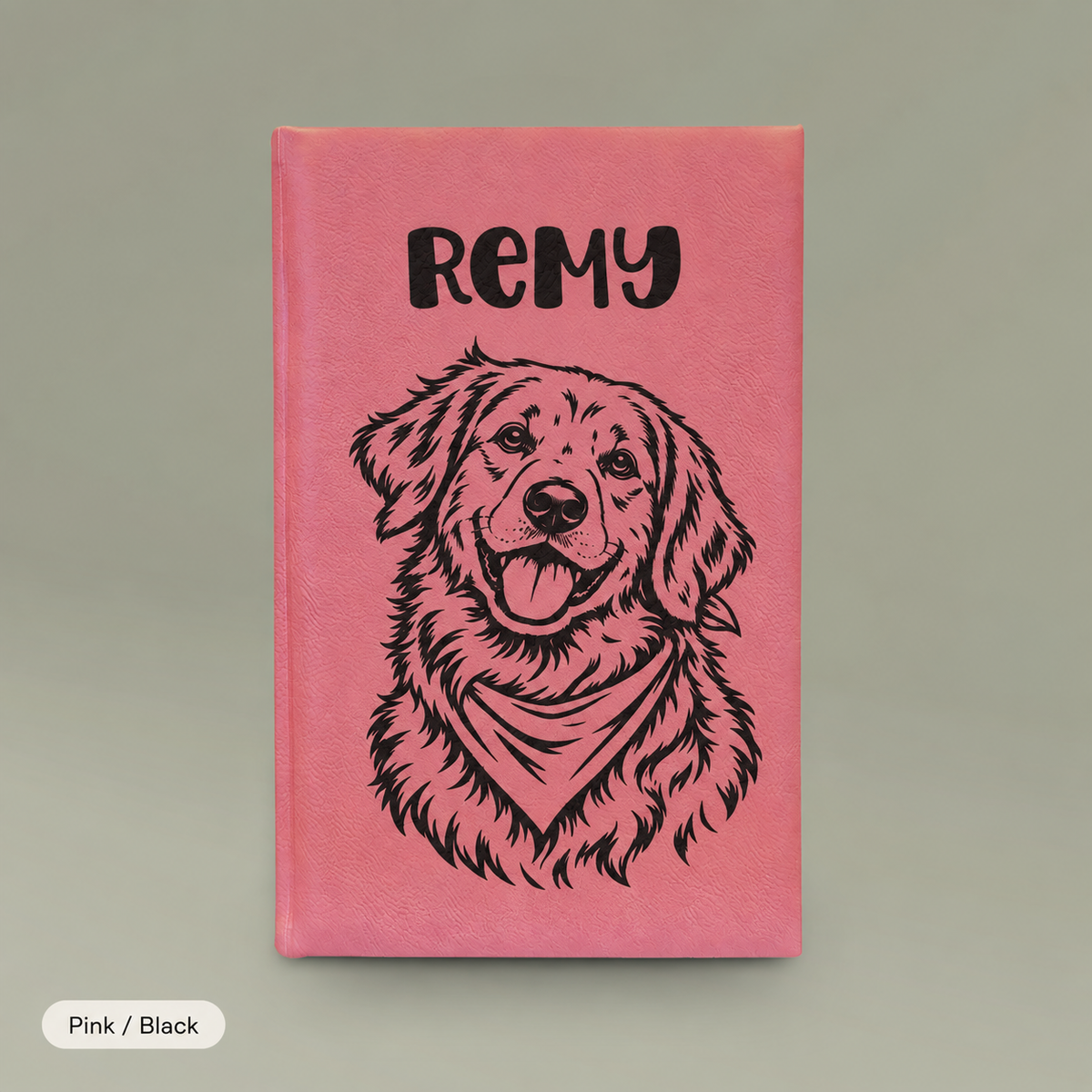 Engraved Vegan Leather Journal — Personalized Dog Portrait (Name: Remy)