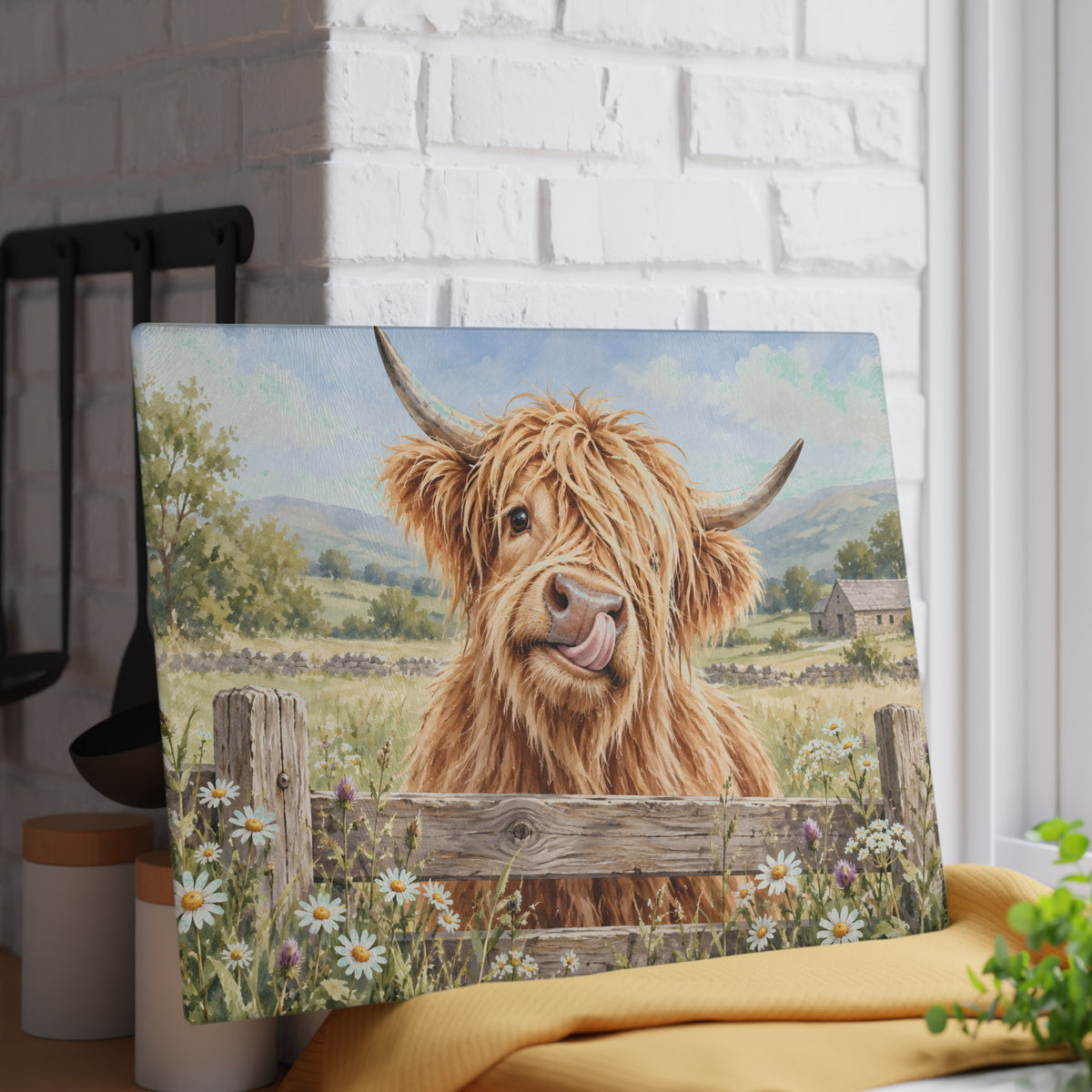 Glass Cutting Board - Cute Highland Cow Kitchen Glass Chopping Board, Whimsical Farmhouse Decor Gift