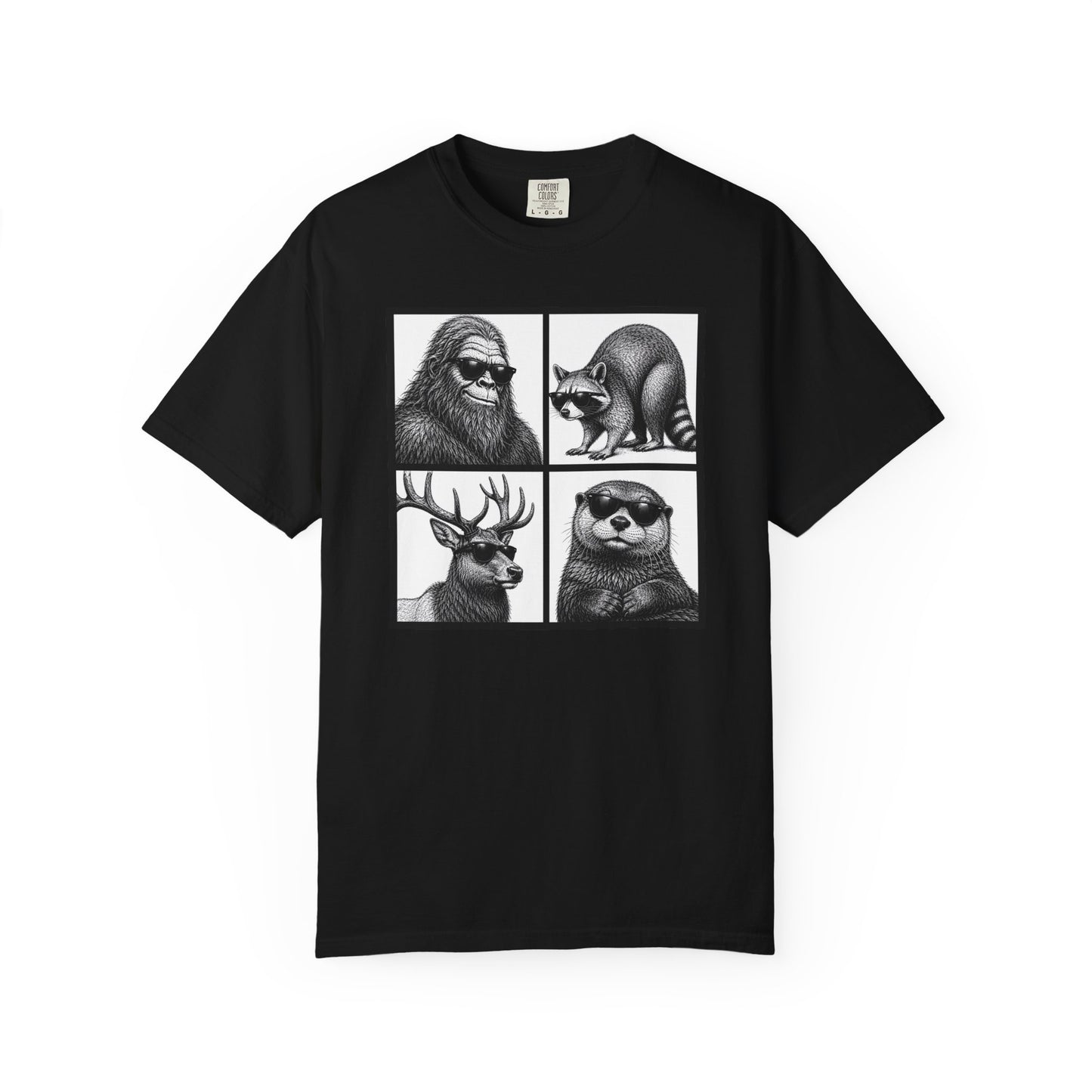 Wildlife Portrait Grid T‑Shirt — Bigfoot, Raccoon, Deer & Otter Illustration