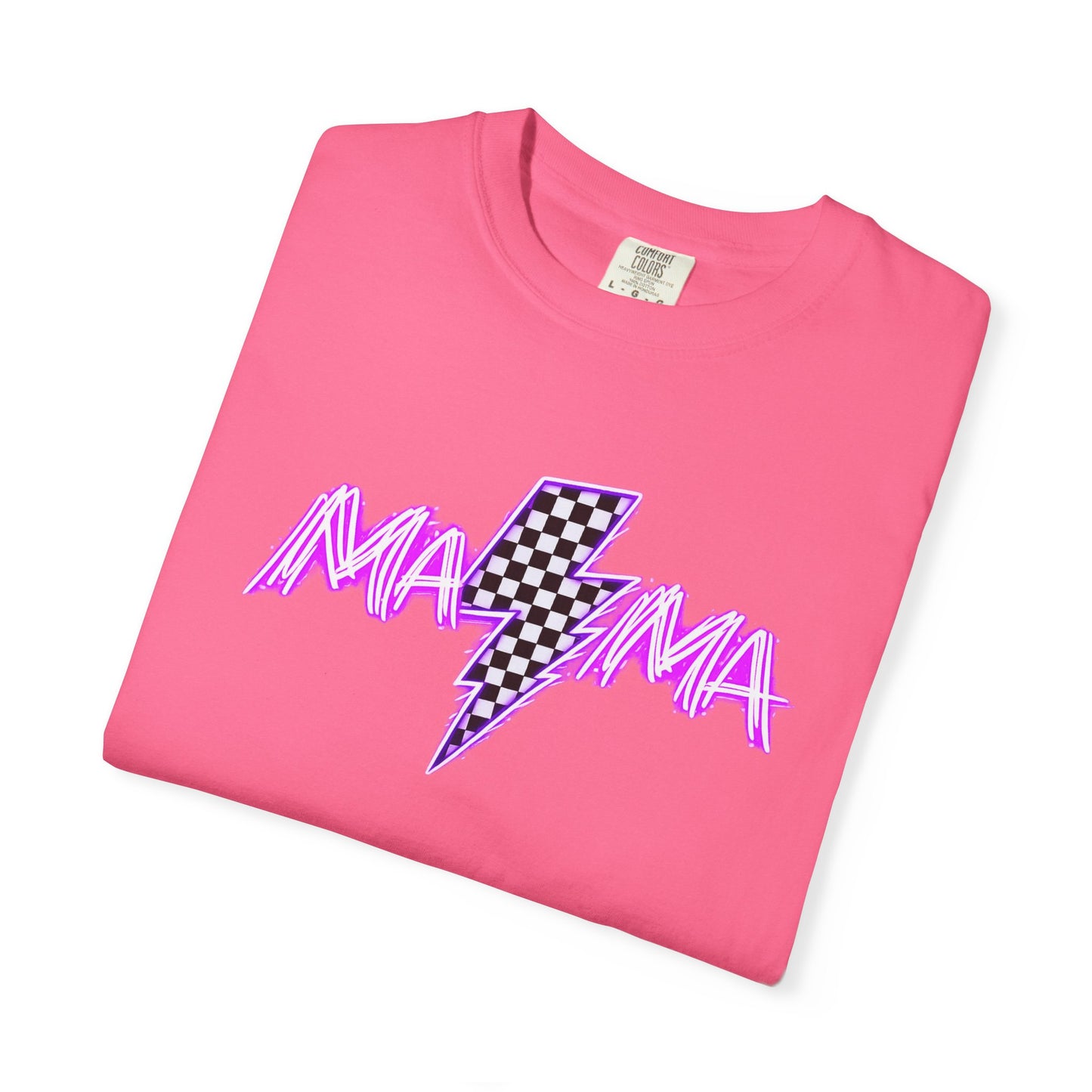 Mama Lightning Bolt T-Shirt — Retro Pink Script Checkerboard Bolt