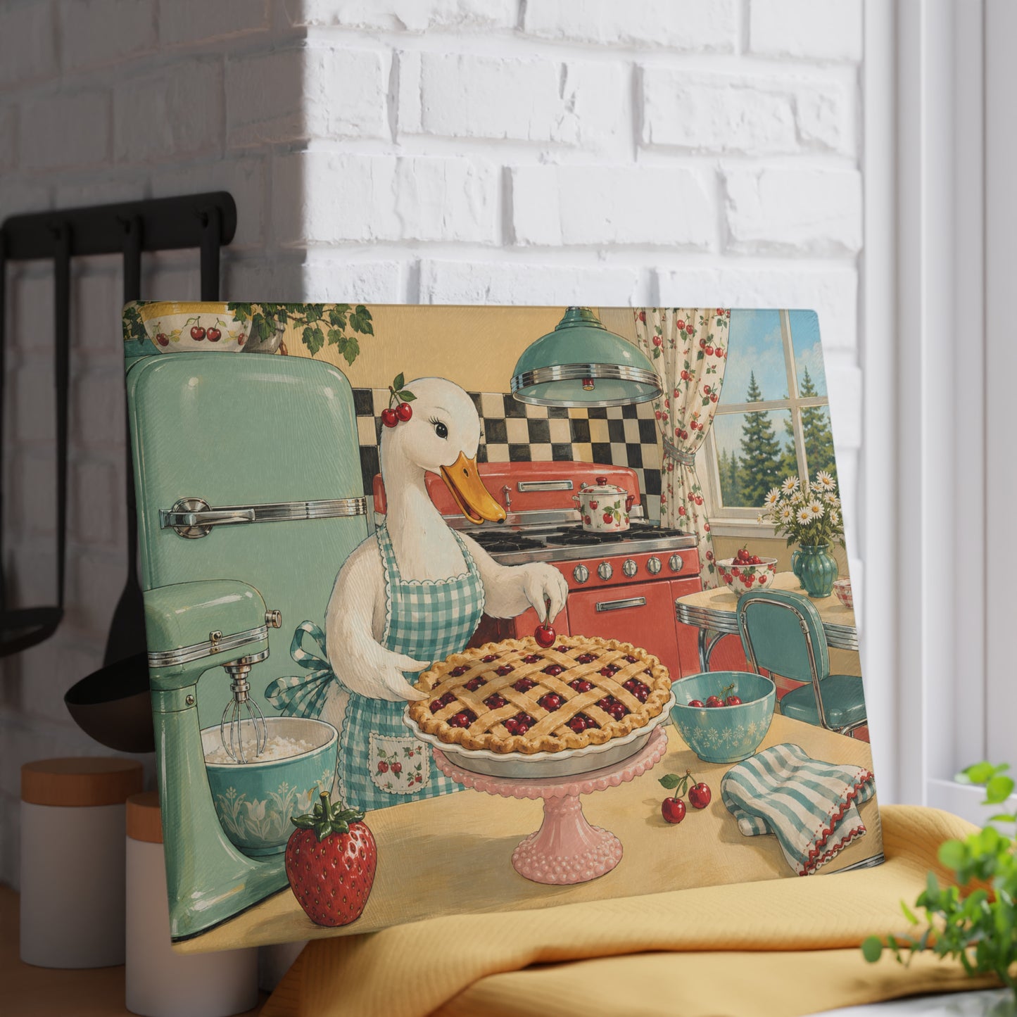 Retro Kitchen Glass Cutting Board — Vintage Goose Baking Pie Illustration