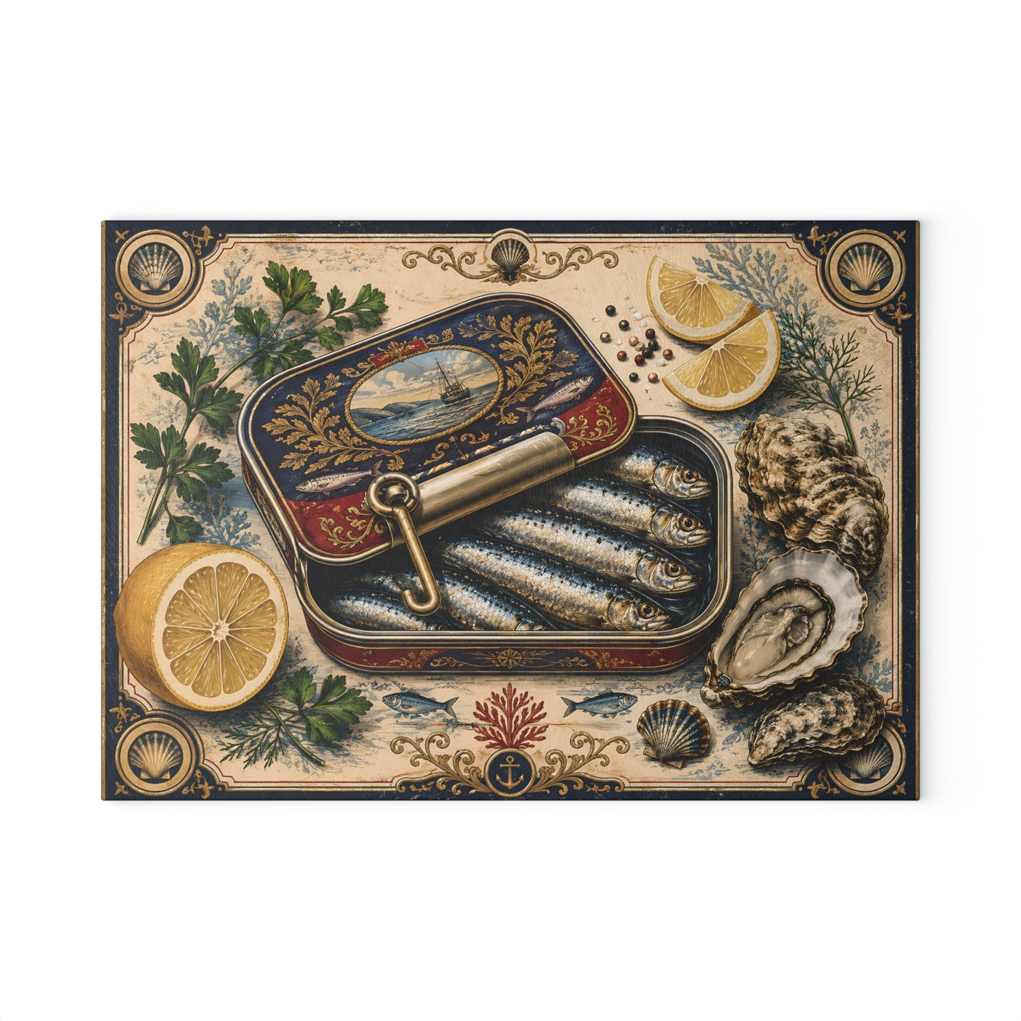 Vintage Sardine Tin Illustration Glass Cutting Board | Seafood Kitchen Art