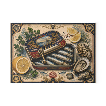 Vintage Sardine Tin Illustration Glass Cutting Board | Seafood Kitchen Art