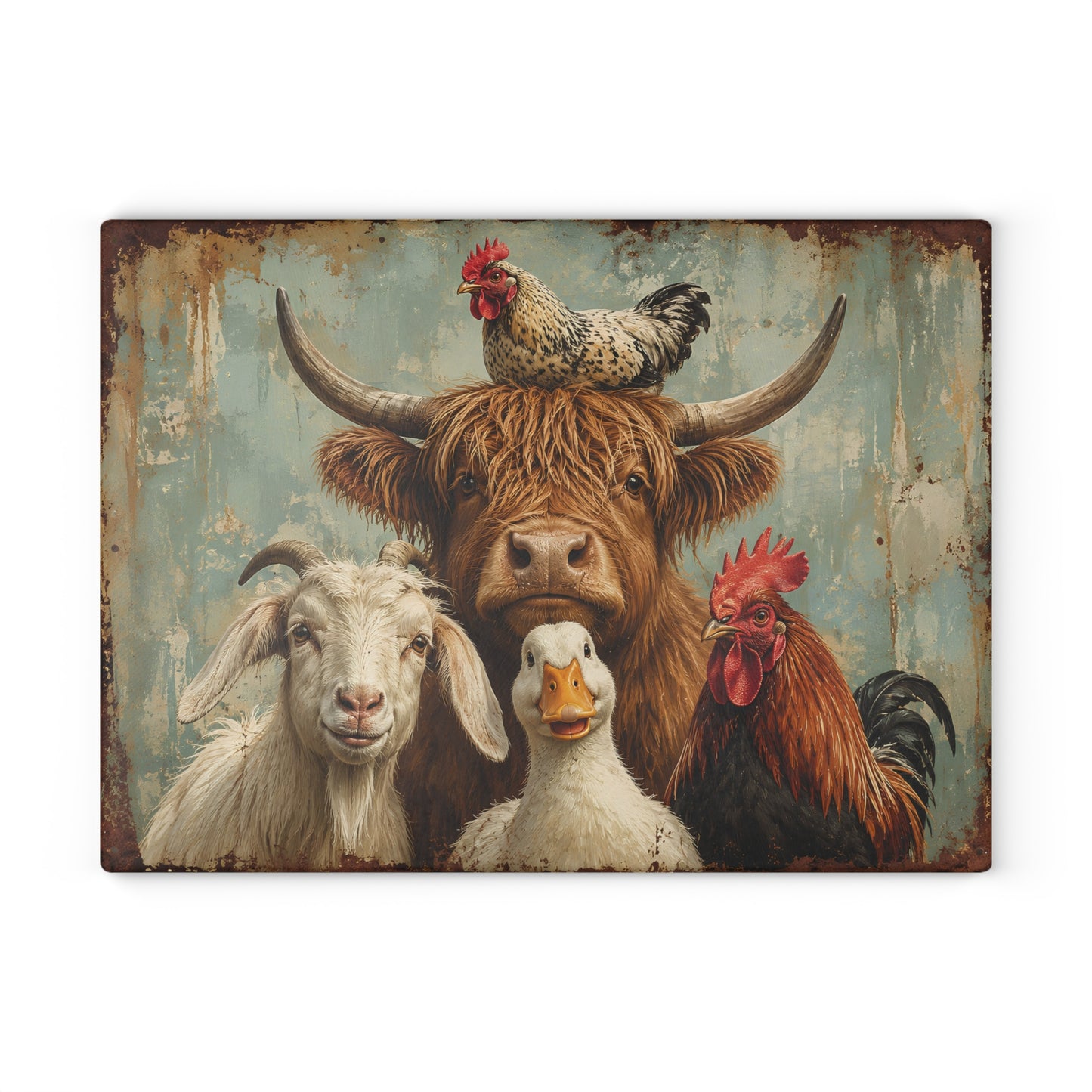 Farm Animal Glass Cutting Board – Rustic Cow, Goat, Duck & Rooster Kitchen Decor