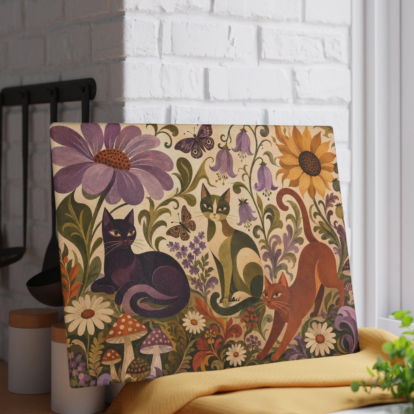 Glass Cutting Board — Vintage Floral Cats Kitchen Cutting Board