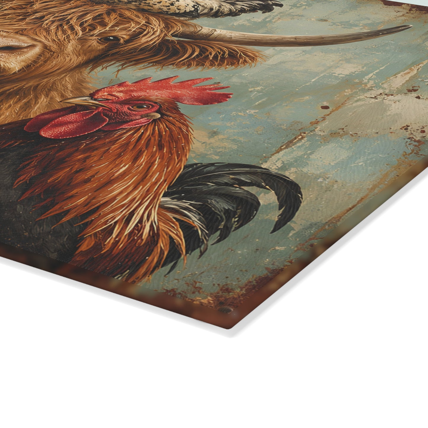 Farm Animal Glass Cutting Board – Rustic Cow, Goat, Duck & Rooster Kitchen Decor