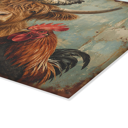 Farm Animal Glass Cutting Board – Rustic Cow, Goat, Duck & Rooster Kitchen Decor