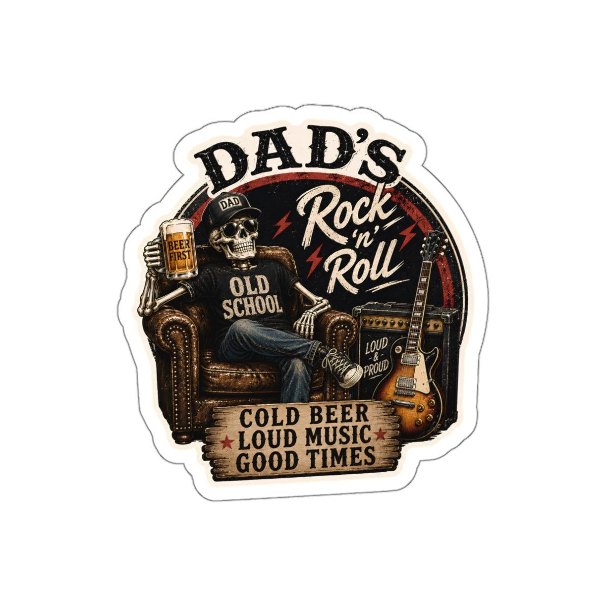 Dad's Rock 'n' Roll Skull Guitar Beer Die-Cut Sticker