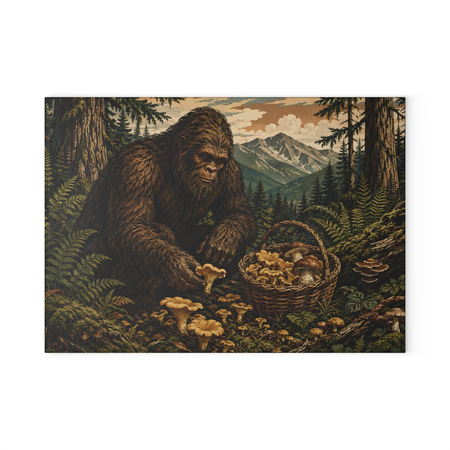 Bigfoot Mushroom Foraging Glass Cutting Board — Rustic Forest Kitchen Decor