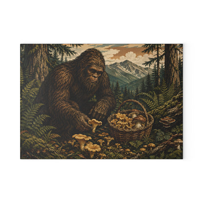 Bigfoot Mushroom Foraging Glass Cutting Board — Rustic Forest Kitchen Decor