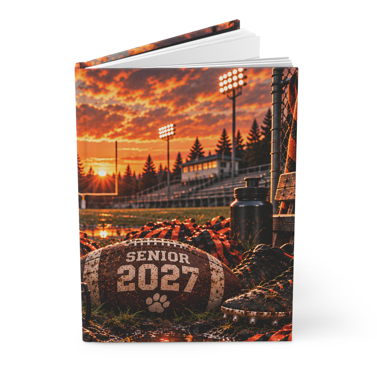 Senior 2027 Football Hardcover Journal — Tiger Mascot Sunset Lined Notebook