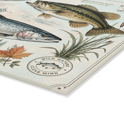 Vintage Fish illustration Glass Cutting Board | Lake Life trout bass salmon