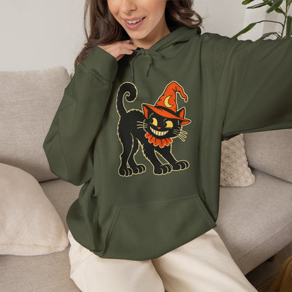 Halloween Black Cat Hoodie – Vintage Witch Hat Cat Pullover