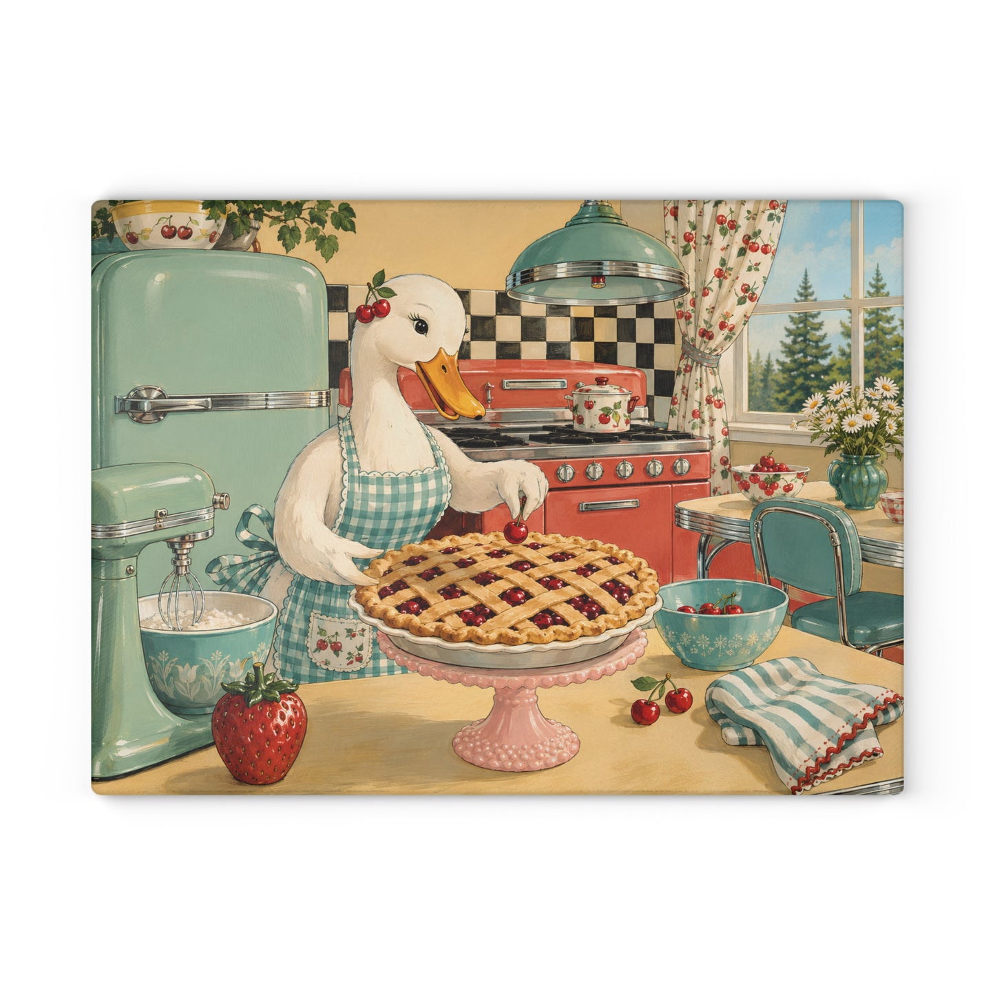 Retro Kitchen Glass Cutting Board — Vintage Goose Baking Pie Illustration