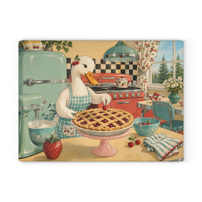 Retro Kitchen Glass Cutting Board — Vintage Goose Baking Pie Illustration