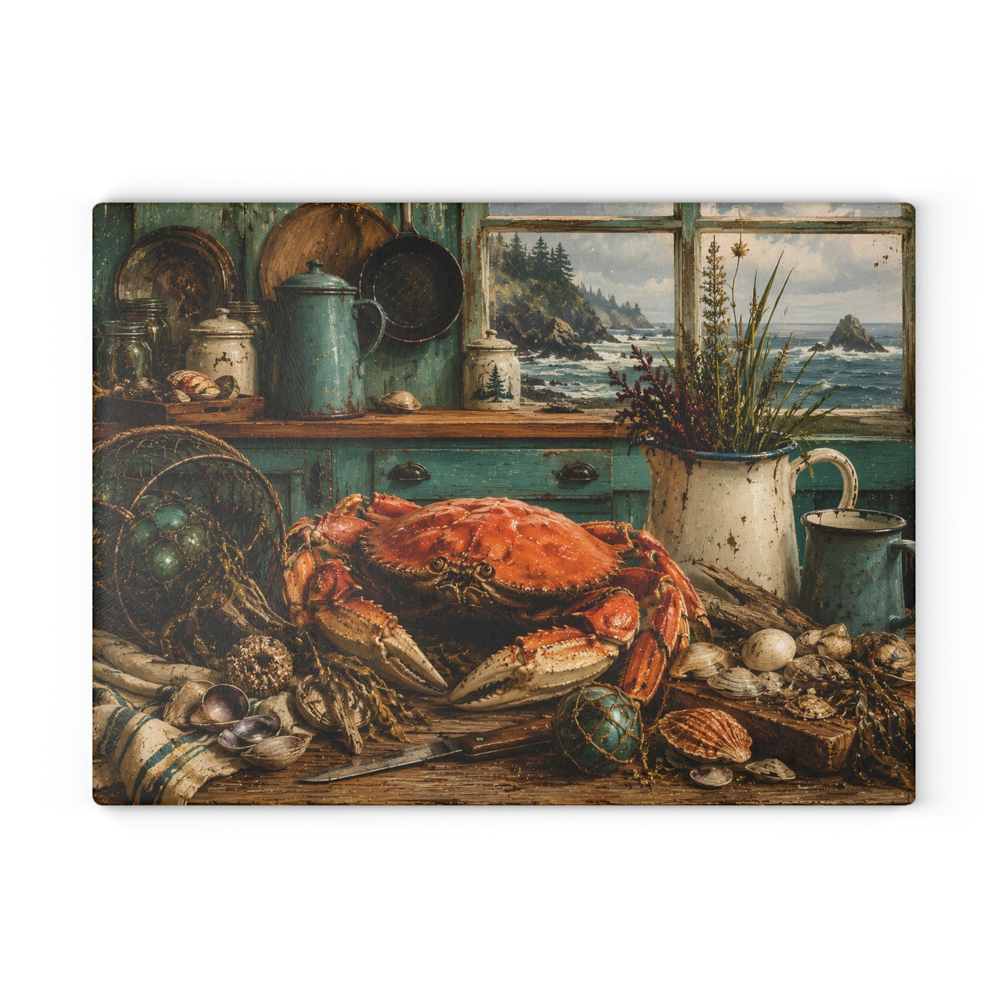 Coastal Crab Kitchen Glass Cutting Board – Nautical Seafood Coastal Décor