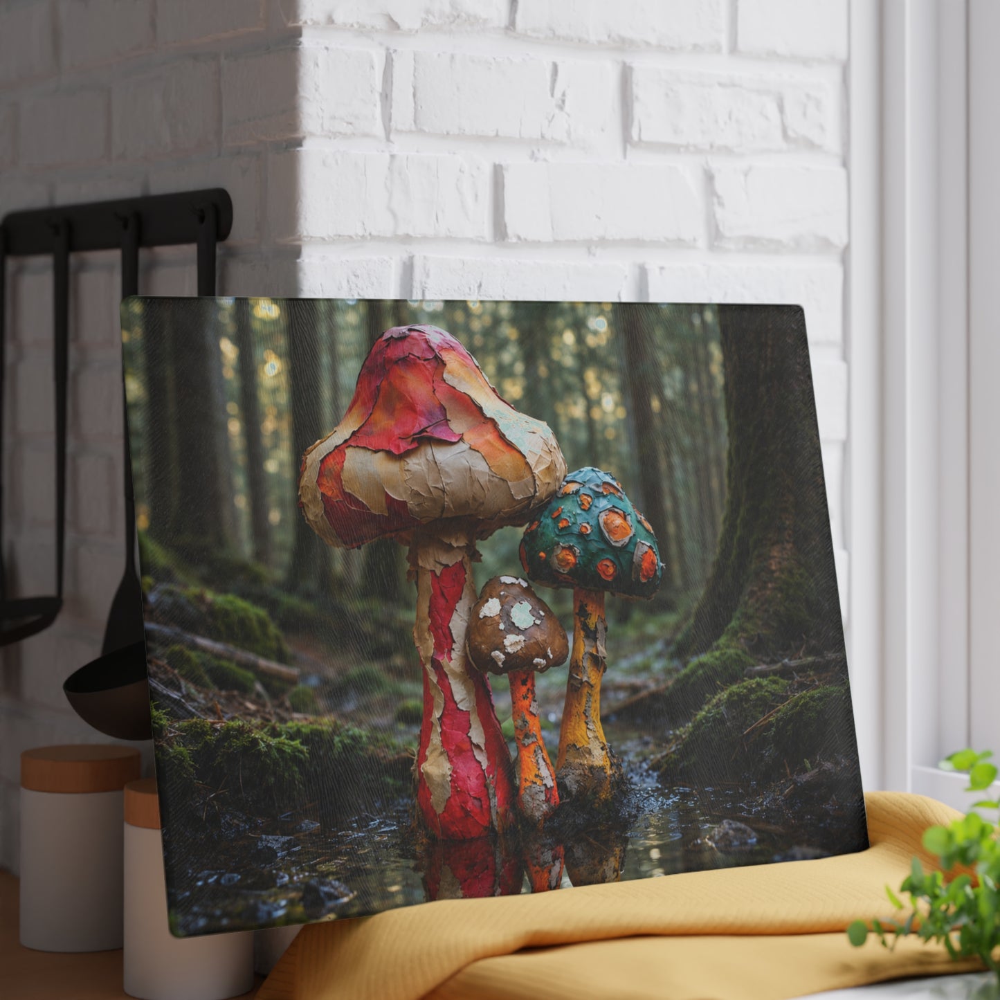 Whimsical Forest Mushrooms Glass Cutting Board — Woodland Kitchen Art