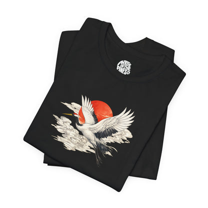 Red-Crowned Crane Rising Sun T-Shirt | Japanese Crane Illustration