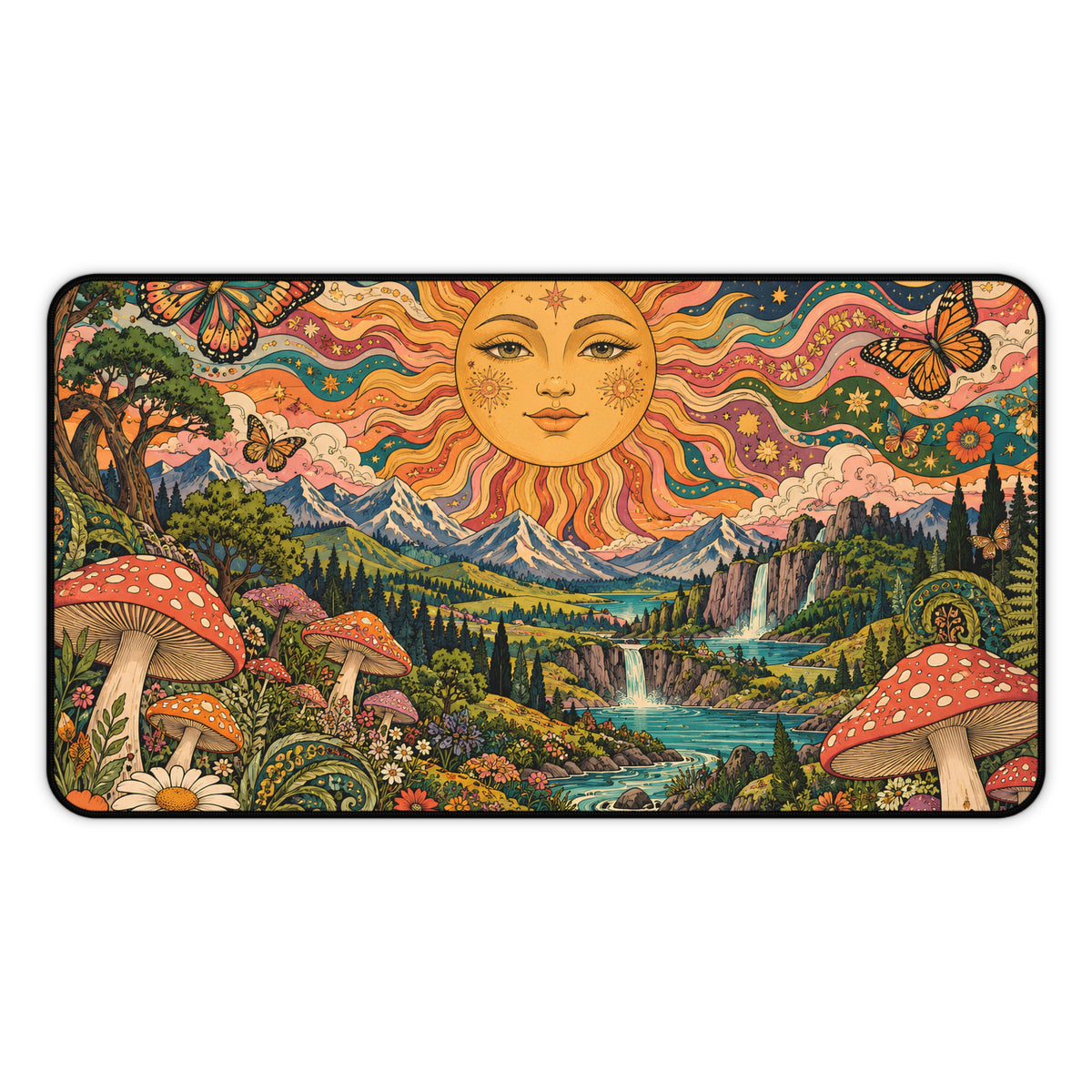 Psychedelic Sun and Mushroom Desk Mat | Colorful Fantasy Nature Mouse Pad Mystical Sun and Mushroom Forest Desk Mat