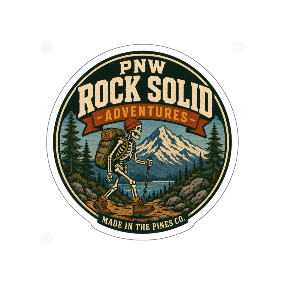 PNW Rock Solid Adventures Hiking Skeleton Sticker | Mountain Badge Die-Cut