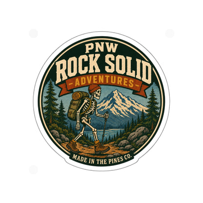 PNW Rock Solid Adventures Hiking Skeleton Sticker | Mountain Badge Die-Cut