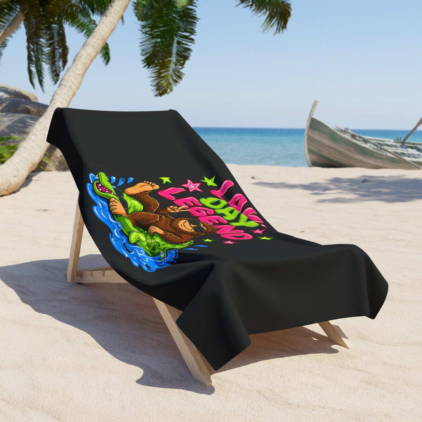 Lake Day Bigfoot on Alligator Floatie Beach Towel | Funny Summer Beach Towel