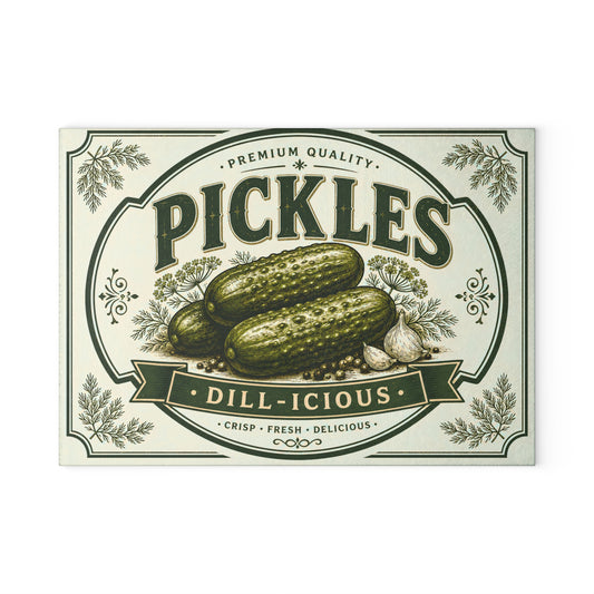 Pickles Dill-icious Glass Cutting Board | Vintage Pickle Label Kitchen Decor