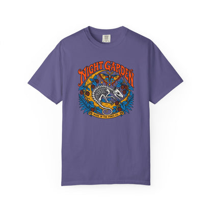 Night Garden T-Shirt, Opossum Skeleton with Moth & Moon, Gothic Botanical Graphic Tee