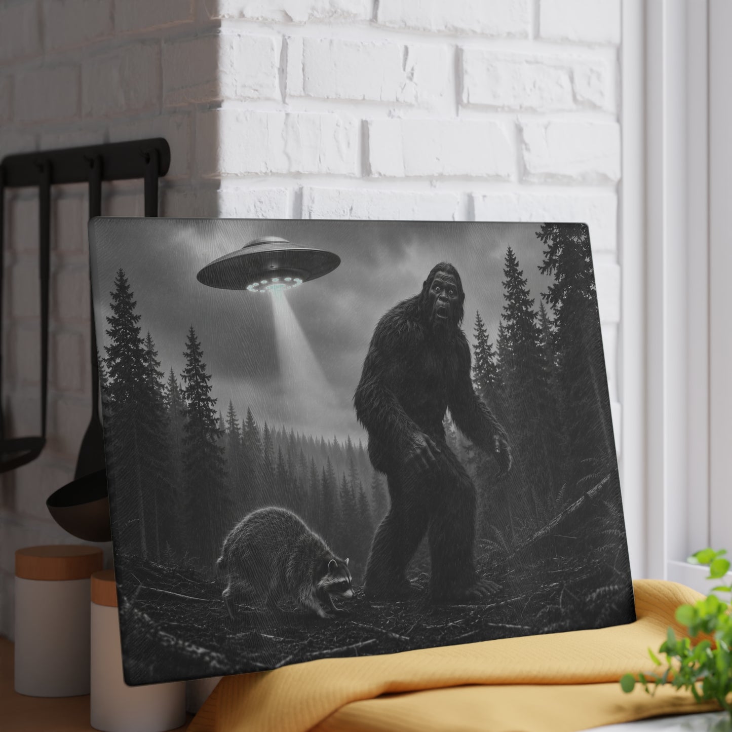 Bigfoot and UFO Forest Scene Glass Cutting Board | Sasquatch Alien Art