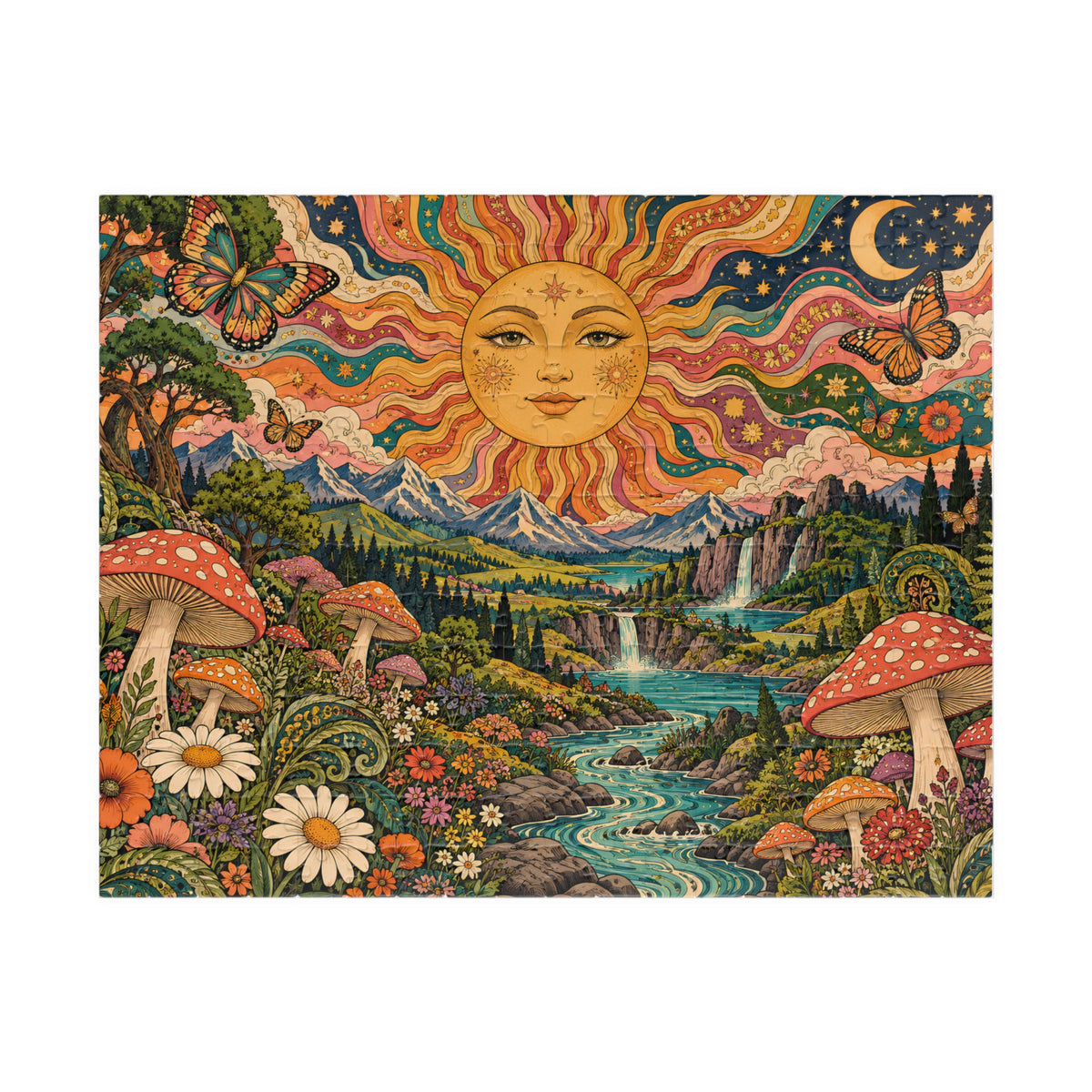 Psychedelic Sun Jigsaw Puzzle, Hippie Mushroom Art, Groovy Mountain Landscape, Boho Nature Puzzle, Gift for Puzzle Lovers