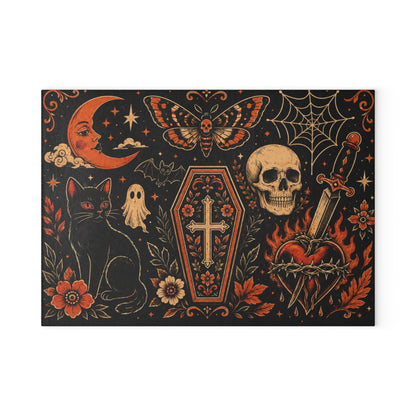 Gothic Occult Glass Cutting Board — Skull, Coffin & Black Cat Kitchen Décor