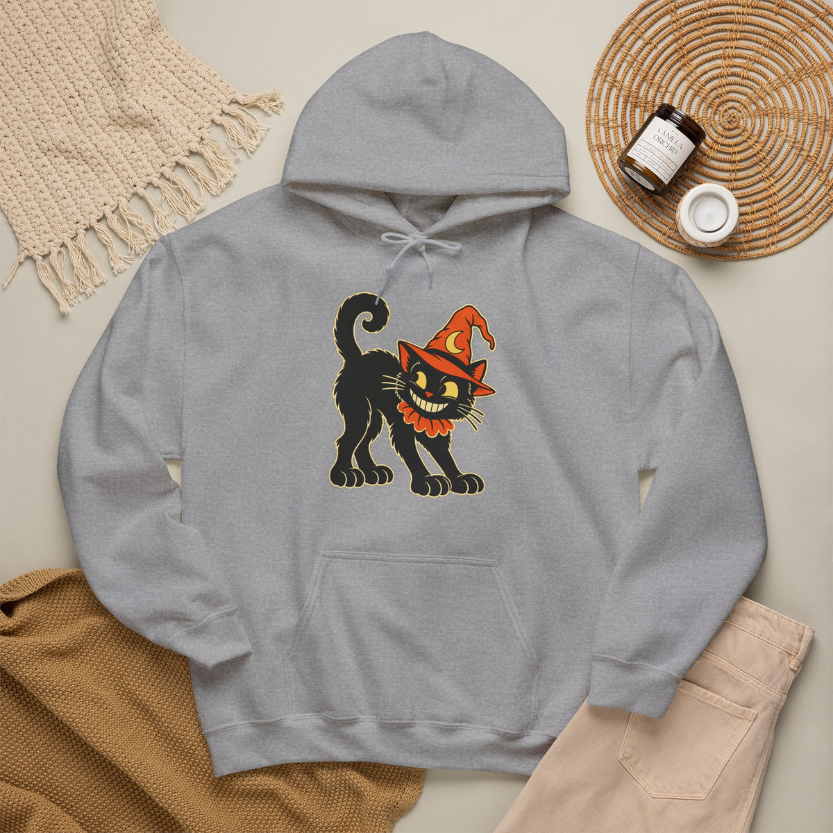 Halloween Black Cat Hoodie – Vintage Witch Hat Cat Pullover