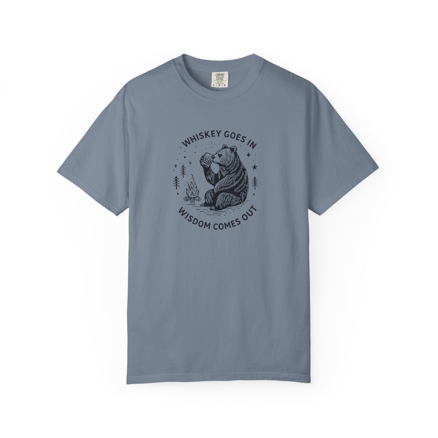 Whiskey Goes In Wisdom Comes Out Bear Illustration T-Shirt | Drinking Humor
