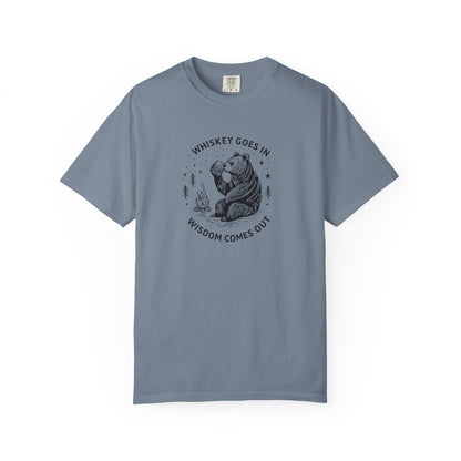 Whiskey Goes In Wisdom Comes Out Bear Illustration T-Shirt | Drinking Humor