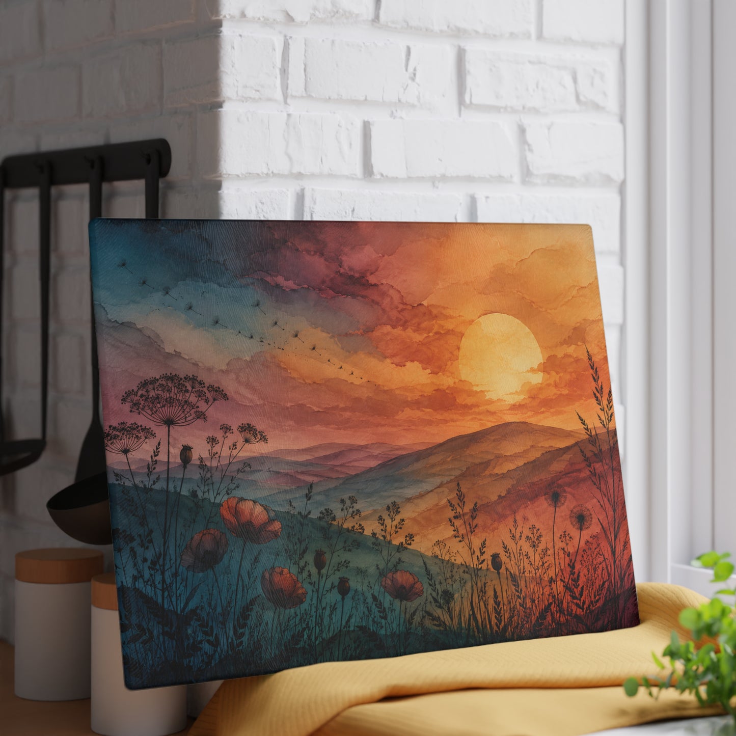 Sunset Wildflower Field Glass Cutting Board | Scenic Landscape Kitchen Decor