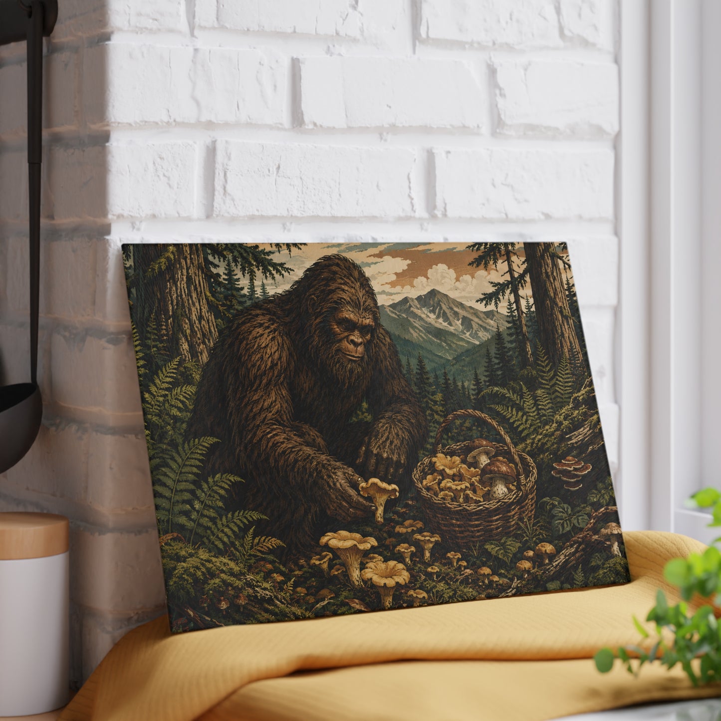 Bigfoot Mushroom Foraging Glass Cutting Board — Rustic Forest Kitchen Decor