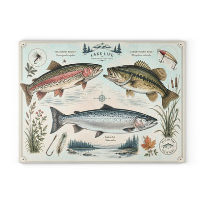 Vintage Fish illustration Glass Cutting Board | Lake Life trout bass salmon