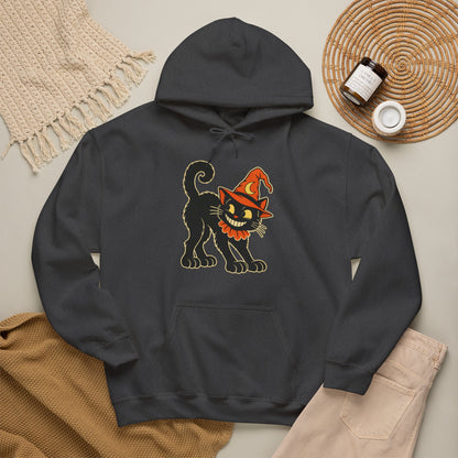 Halloween Black Cat Hoodie – Vintage Witch Hat Cat Pullover