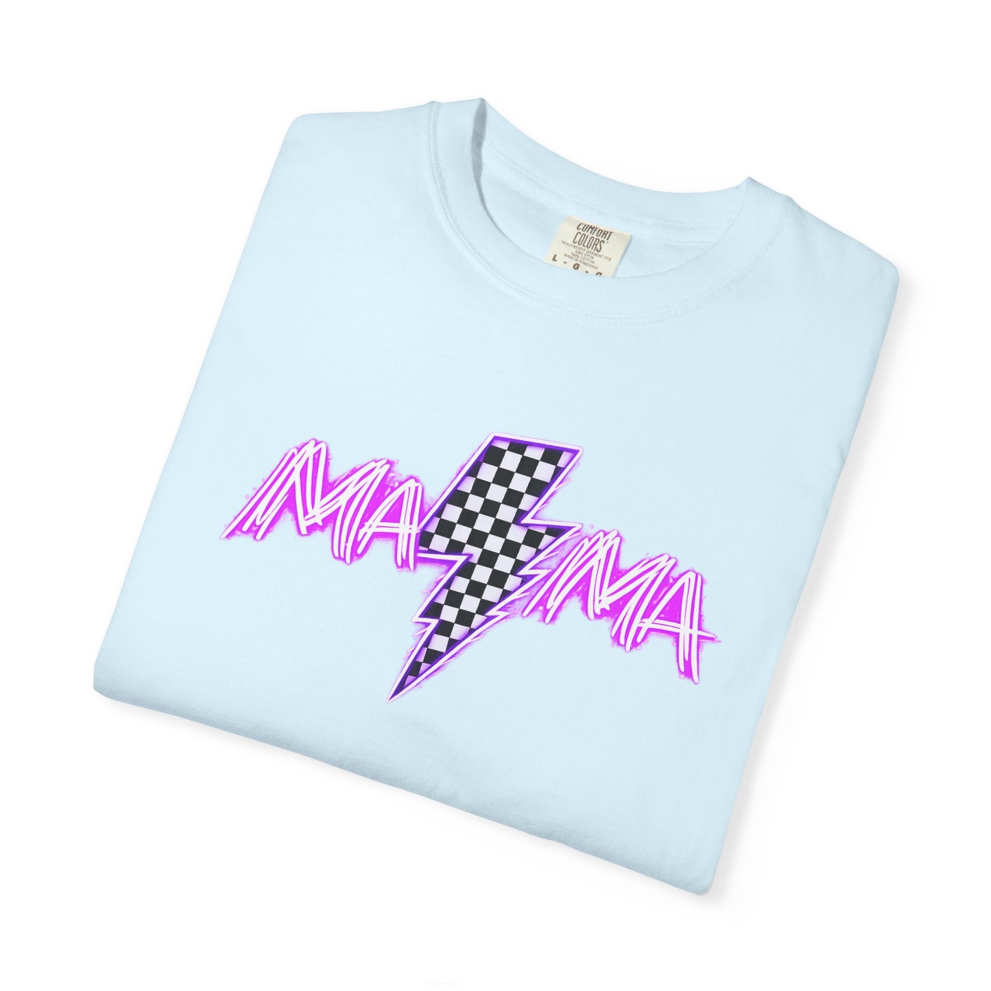 Mama Lightning Bolt T-Shirt — Retro Pink Script Checkerboard Bolt