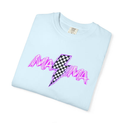 Mama Lightning Bolt T-Shirt — Retro Pink Script Checkerboard Bolt