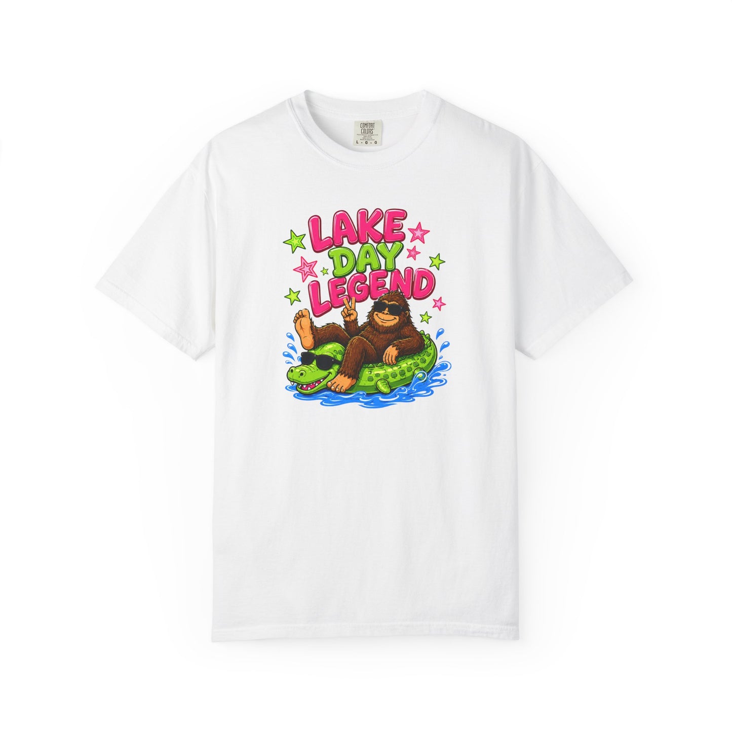Lake Day Legend Bigfoot on Alligator Floatie T-Shirt